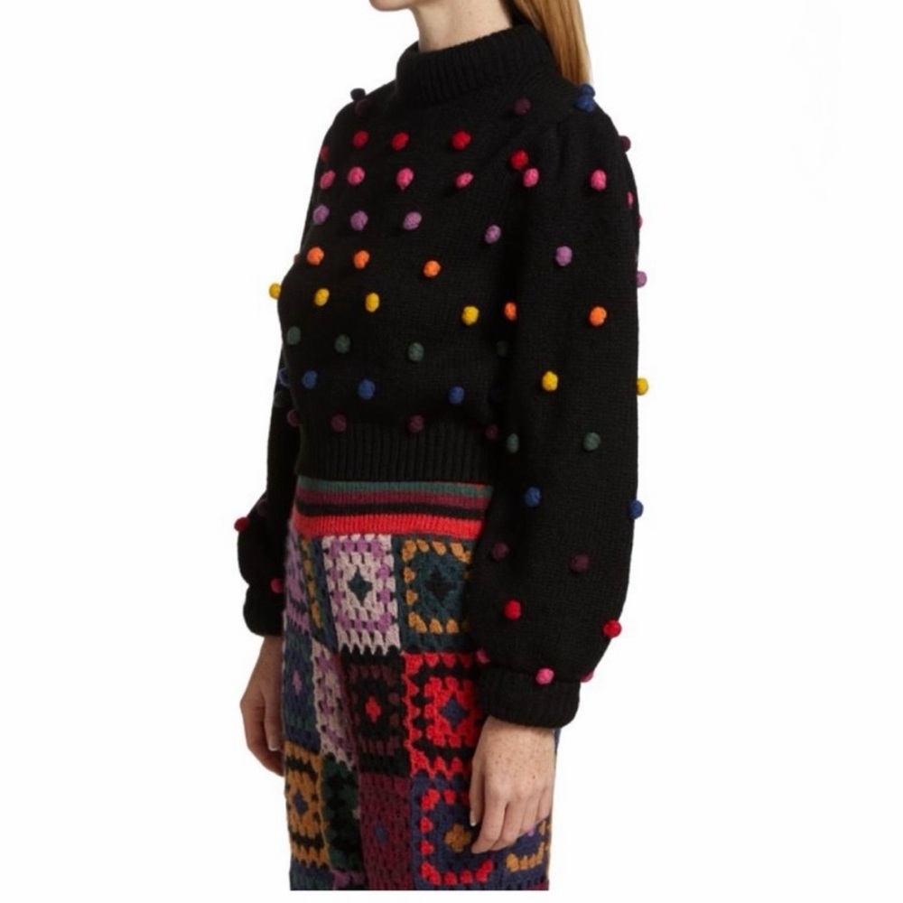 FARM RIO Rainbow Dot Pom Pom Sweater Black & Multicolor - EUC, Large - Picture 3 of 16